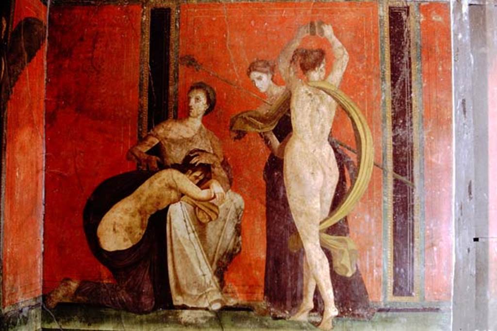 Villa of Mysteries, Pompeii. 1968. Room 5, detail from south wall. Photo by Stanley A. Jashemski.
Source: The Wilhelmina and Stanley A. Jashemski archive in the University of Maryland Library, Special Collections (See collection page) and made available under the Creative Commons Attribution-Non Commercial License v.4. See Licence and use details.
J68f1387