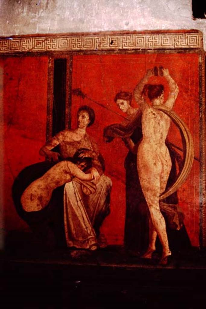Villa of Mysteries, Pompeii. 1961. Room 5, detail from south wall. Photo by Stanley A. Jashemski.
Source: The Wilhelmina and Stanley A. Jashemski archive in the University of Maryland Library, Special Collections (See collection page) and made available under the Creative Commons Attribution-Non Commercial License v.4. See Licence and use details.
J61f0454