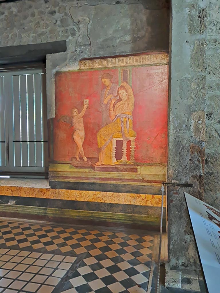 Villa of Mysteries, Pompeii. November 2023.
Room 5, detail from south wall at west end. Photo courtesy of Giuseppe Ciaramella.