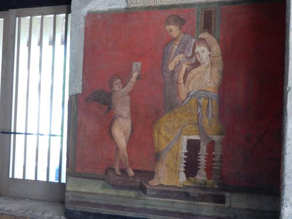 Villa of Mysteries, Pompeii. May 2015. Room 5, detail from south wall.