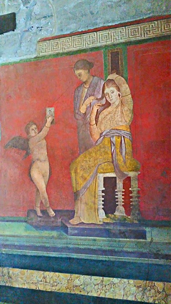 Villa of Mysteries, Pompeii. c.2015-2017.
Room 5, detail from south wall. Photo courtesy of Giuseppe Ciaramella.