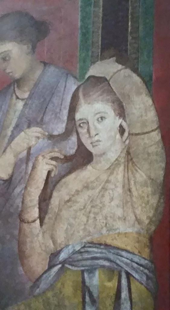Villa of Mysteries, Pompeii. c.2015-2017.
Room 5, detail of painted figure from south wall. Photo courtesy of Giuseppe Ciaramella.