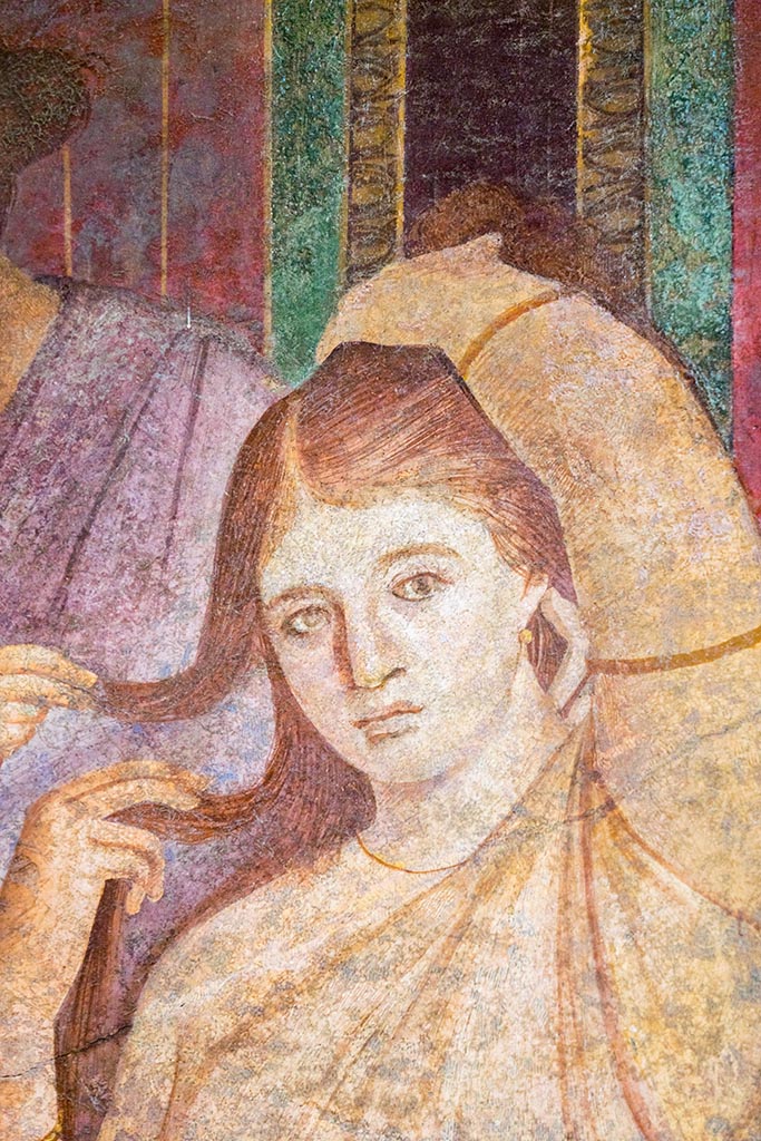 Villa of Mysteries, Pompeii. July 2024.
Room 5, detail of painted figure from south wall. Photo courtesy of Johannes Eber.