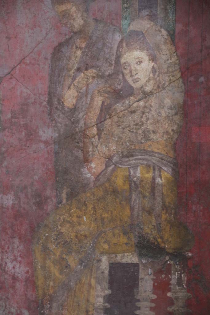 Villa of Mysteries, Pompeii. April 2014. Room 5, detail from south wall.
Photo courtesy of Klaus Heese.