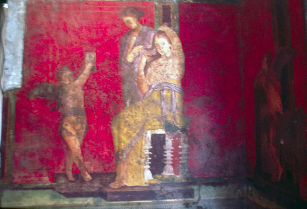 Villa dei Misteri, Pompeii. October 1981. Room 5, detail from south wall.
Photo courtesy of Rick Bauer, from Dr George Fay’s slides collection.
