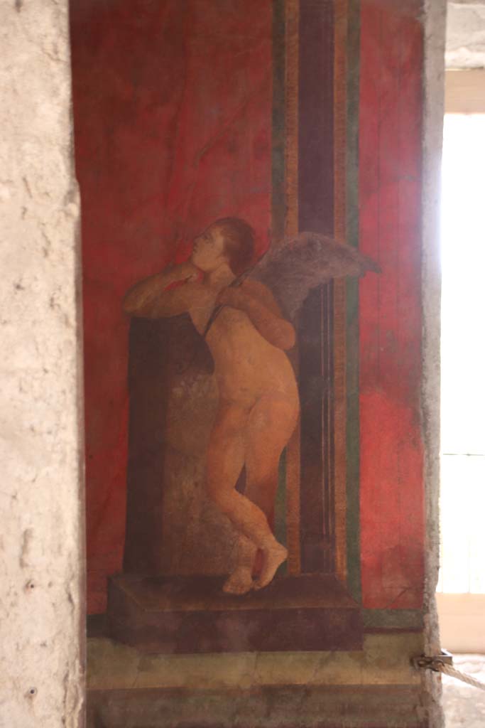 Villa of Mysteries, Pompeii. September 2021.
Room 5, detail from west wall in south-west corner. Photo courtesy of Klaus Heese.