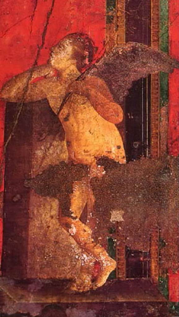 Villa of Mysteries, Pompeii. May 2006.
Room 5, detail from west wall in south-west corner.
Detail from wall painting of Dionysian mystery.