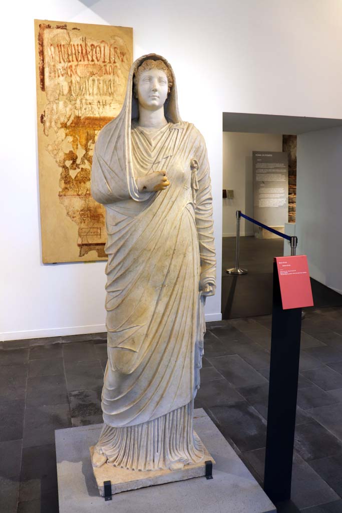 Villa of Mysteries, Pompeii. February 2021.
Statue of Livia, found in peristyle of Villa of Mysteries, on display in Antiquarium at VIII.1.4.
Photo courtesy of Fabien Bièvre-Perrin (CC BY-NC-SA).