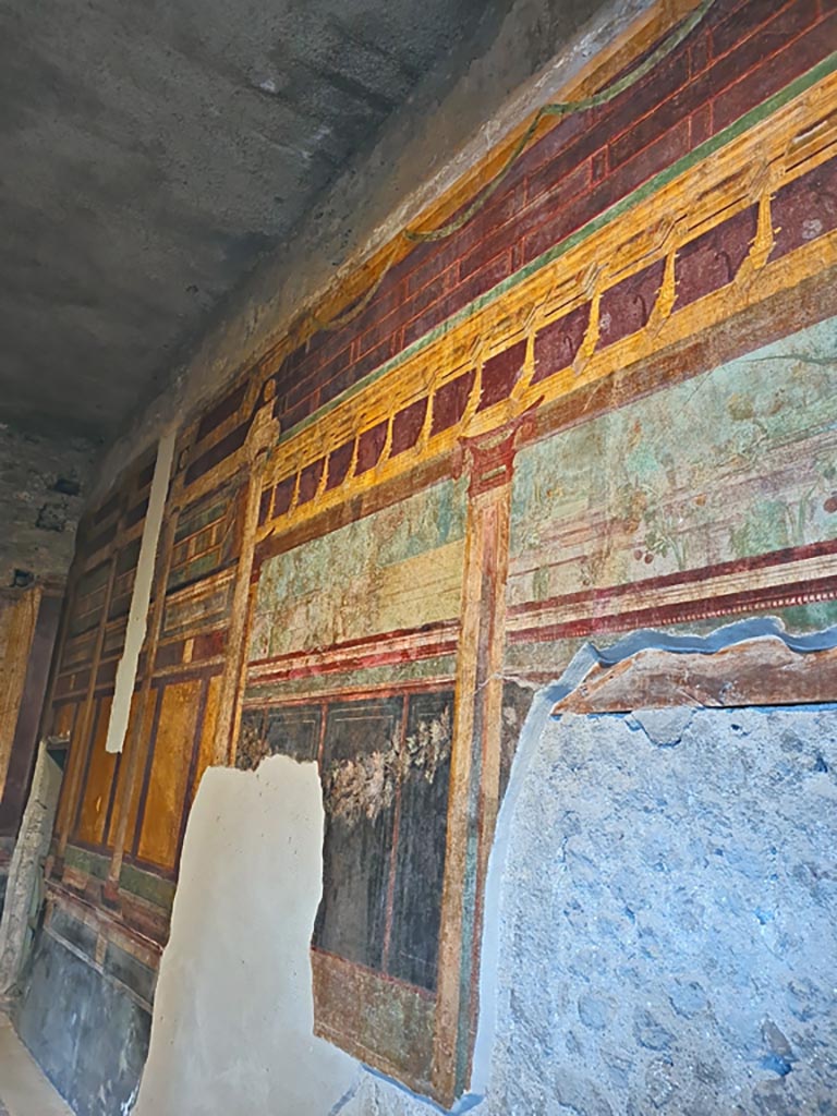 Villa of Mysteries, Pompeii. November 2023.
Room 6, looking north along east wall. Photo courtesy of Giuseppe Ciaramella.