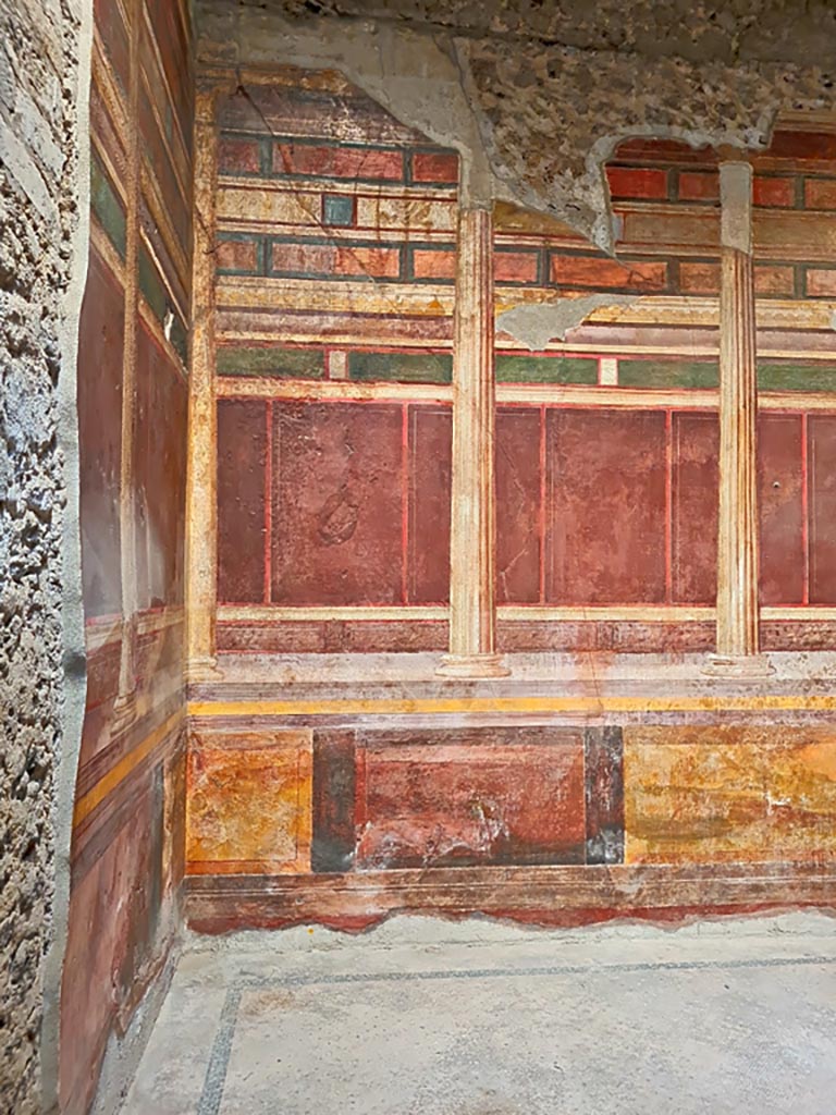 Villa of Mysteries, Pompeii. November 2023.
Room 15, looking towards west wall of room in south-west corner. Photo courtesy of Giuseppe Ciaramella.