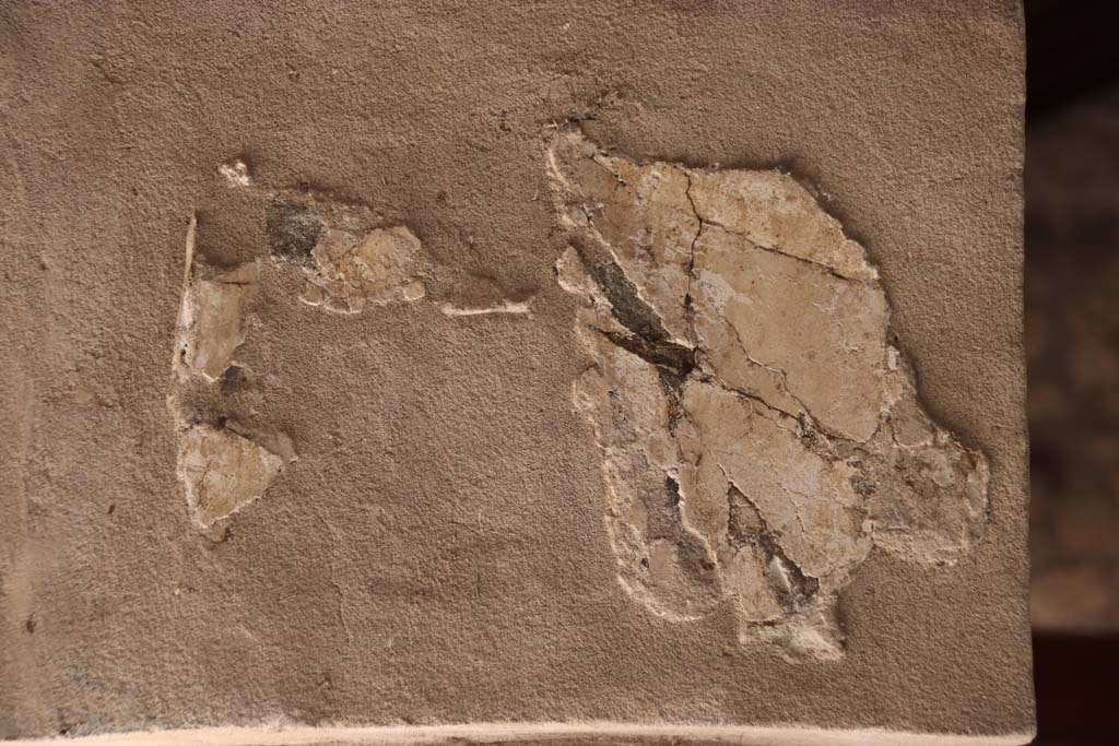 Villa Regina, Boscoreale. September 2021.
South portico VII of room I, peristyle courtyard, detail of remaining plaster above column in south-east corner. Photo courtesy of Klaus Heese.