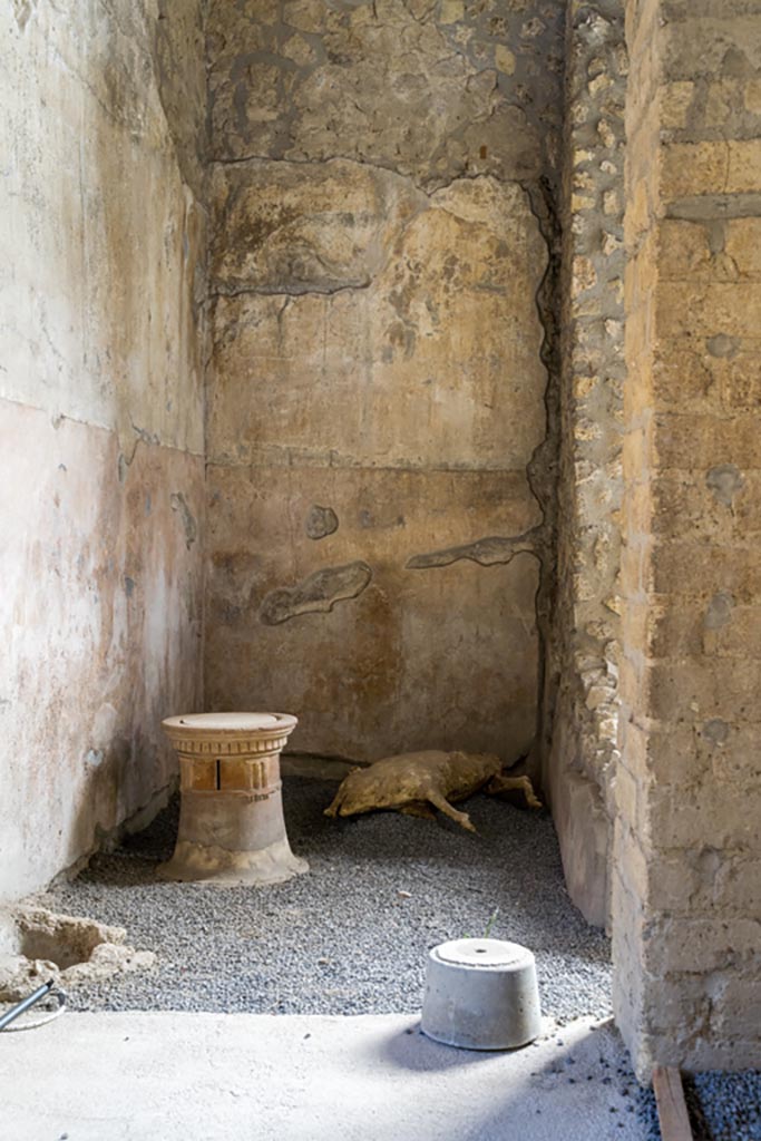 Villa Regina, Boscoreale. October 2021.
Looking towards cistern area V, from south portico VII of room I, the peristyle courtyard.
Photo courtesy of Johannes Eber.