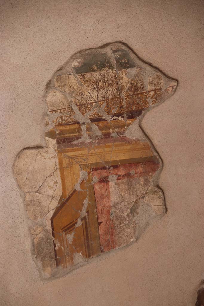 Villa Regina, Boscoreale. September 2021.
Room IX, calcatorium, north-west corner. Detail of painting of left-hand open door.
Photo courtesy of Klaus Heese.
