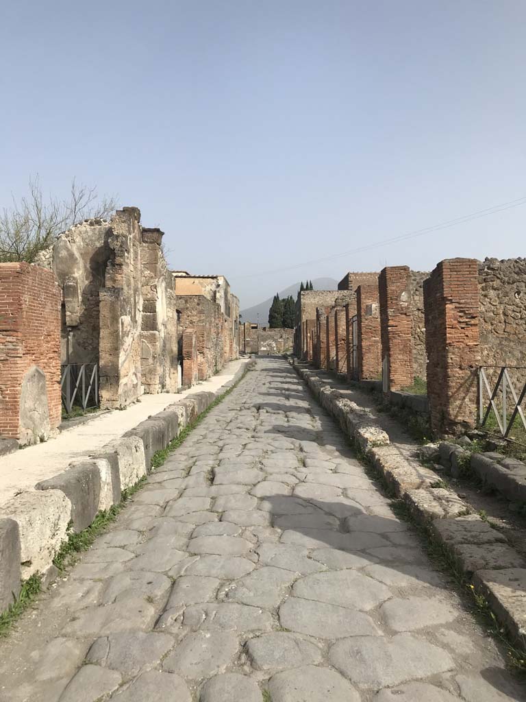 Via Consolare, Pompeii. April 2019. Looking north between VI.17.34/33, on left, and VI.3.10, on right.
Photo courtesy of Rick Bauer.