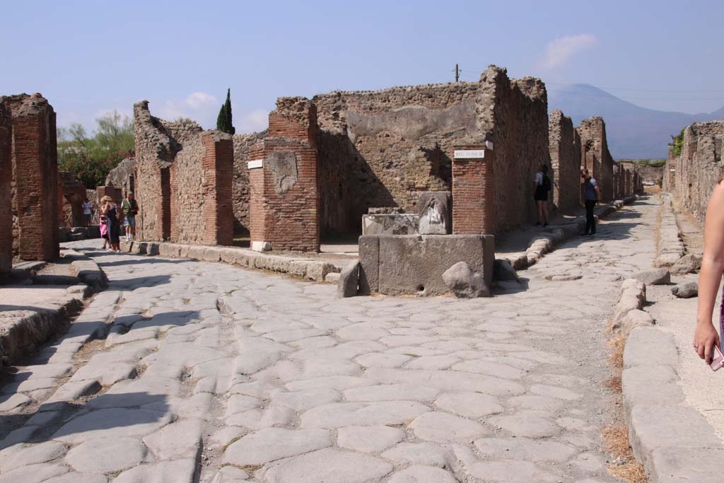 Via Consolare, on left, Pompeii. September 2019.
Looking north towards fountain at junction with Via Consolare and Vicolo di Modesto, on right.
Photo courtesy of Klaus Heese.
