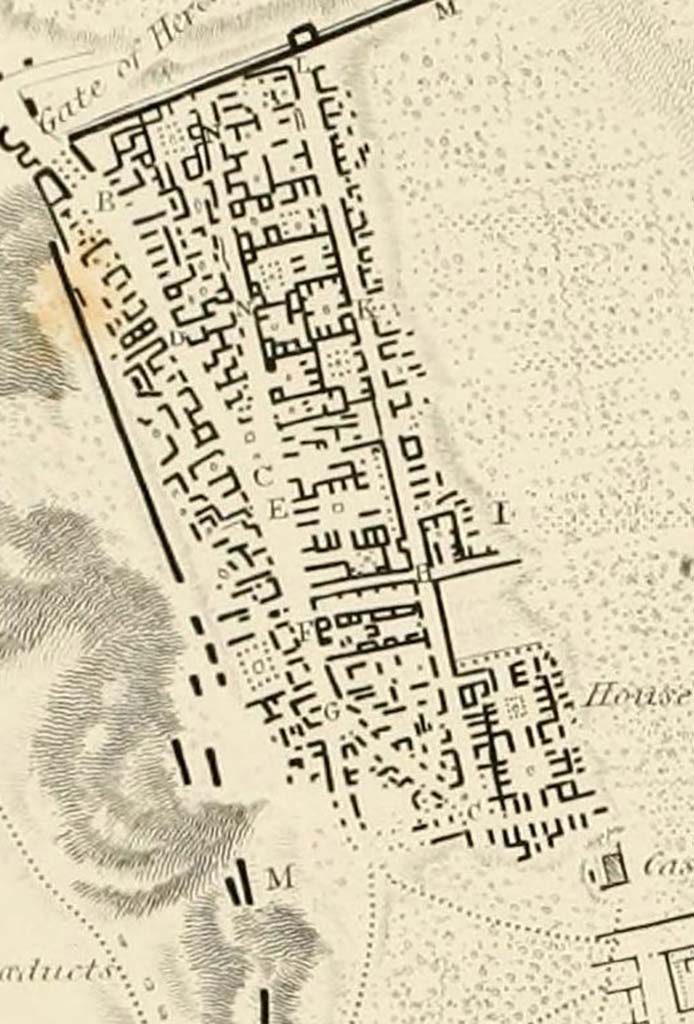 Via Consolare, Pompeii. c.1821.
According to Gell, on this plan B, C, D, E, F, G were known as the Great Street or Corso of Pompeii.
This would appear to be the area of Via Consolare down to its junction with Vicolo di Farmacista.
See Gell, W, and Gandy J. P., 1821. Pompeiana: 2nd edition. London: Rodwell and Martin, pl. 1, p. 15.