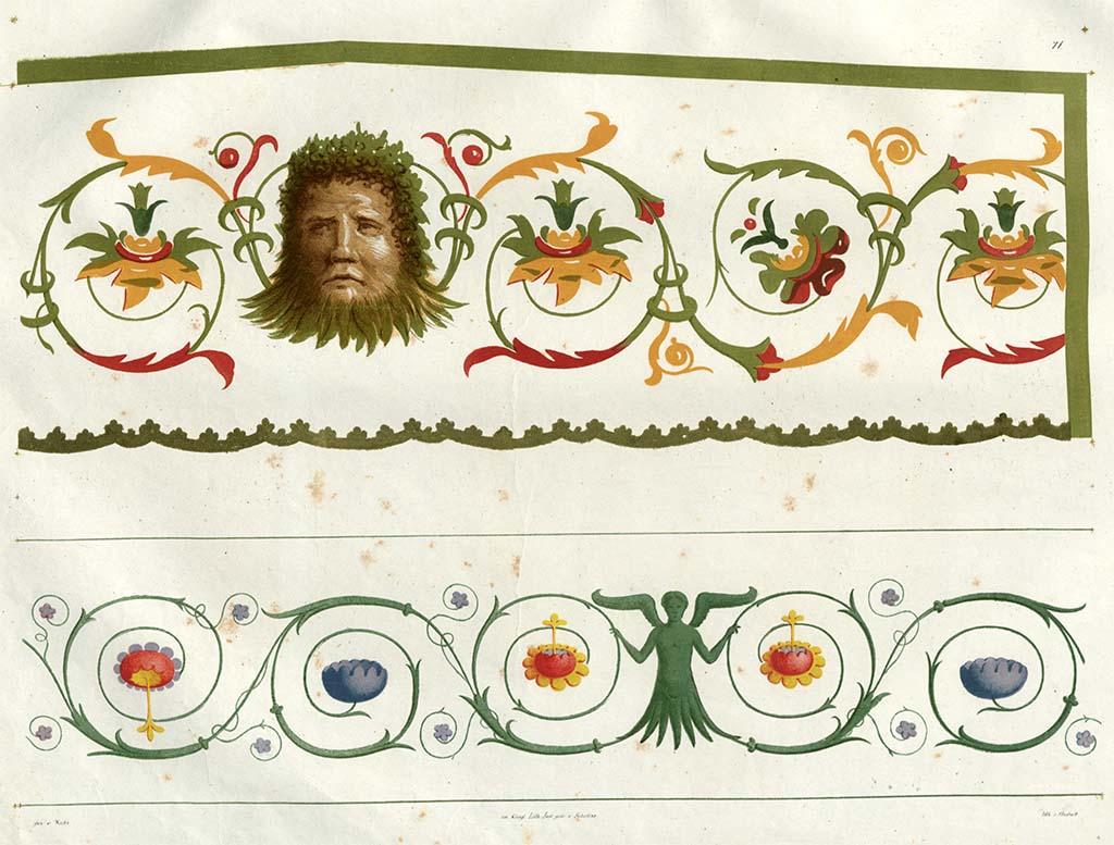 Via Consolare? Pre-1828 paintings by Zahn.
The lower painting described as being from a room in a house near the gate leading to Herculaneum.
The upper painting showing a head, was then on display in Naples Museum.
See Zahn, W., 1828-29. Die schönsten Ornamente und merkwürdigsten Gemälde aus Pompeji, Herkulanum und Stabiae: I. Berlin: Reimer, taf. 71.