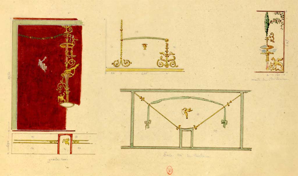 Via Consolare, on left, described as from the Grande Rue. Undated paintings by Chenavard.
Other paintings described as being from Maison du Triclinium. These have been entered into VIII.3.14.
However, this location could refer to VI.1.1, as it would make sense as to why they were both painted on the same page.
See Chenavard, Antoine-Marie (1787-1883) et al. Voyage d'Italie, croquis Tome 3, pl. 120.
INHA Identifiant numérique : NUM MS 703 (3). See Book on INHA
Document placé sous « Licence Ouverte / Open Licence » Etalab