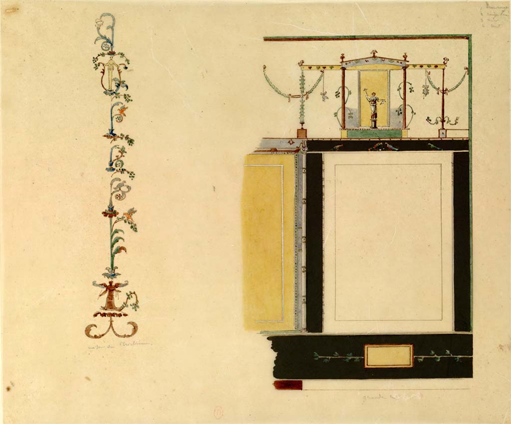 Via Consolare, on right, described as from the Grande Rue. Undated paintings by Chenavard.
This painting, on the right, may be a wall in the underground area of VI.17.25/23, where the painting with the three figures was found.
(Also entered into VI.17.25/23).
The floral painted decoration on the left is described as being from Maison du Triclinium and has been entered into VIII.3.14.
However, this location could refer to VI.1.1, as it would make sense as to why they were both painted on the same page.
See Chenavard, Antoine-Marie (1787-1883) et al. Voyage d'Italie, croquis Tome 3, pl. 121.
INHA Identifiant numérique : NUM MS 703 (3). See Book on INHA
Document placé sous « Licence Ouverte / Open Licence » Etalab