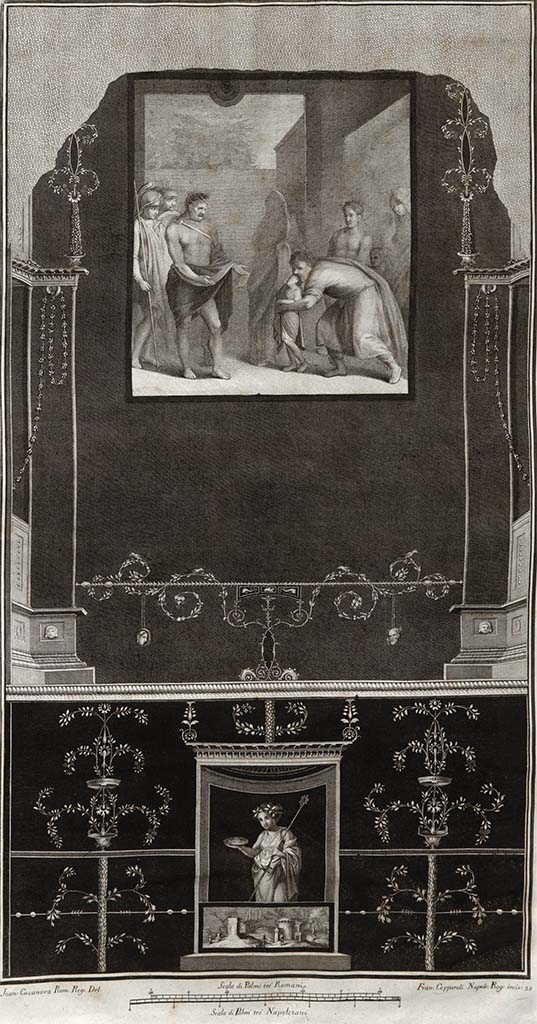 VI.17.9/11, or Irace at VI.17.00. Painting of family greeting a winning hero followed by several warriors.
See Gli ornati delle pareti ed i pavimenti delle stanze dell'antica Pompei incisi in rame: 1796, tav. 21.
See Gli ornati delle pareti ed i pavimenti delle stanze dell'antica Pompei incisi in rame: 1838, tav. 30.
Described as -
Pl.30 “Famiglia che si prostra ad un eroe vincitore seguito da diversi guerrieri: parete incisa dal Cepparoli”.
(Family greeting a winning hero followed by several warriors: wall incised by Cepparoli.)