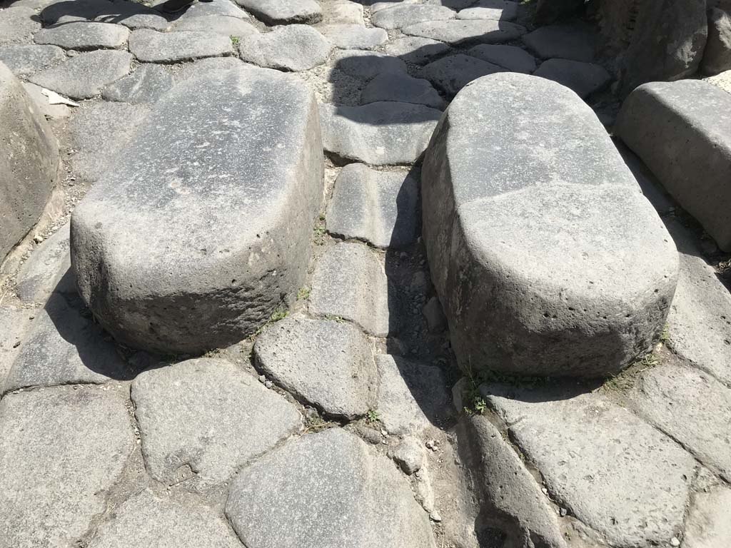 Via Stabiana, Pompeii. April 2019. Detail of two lava-block stepping stones across Via Stabiana.
Photo courtesy of Rick Bauer.