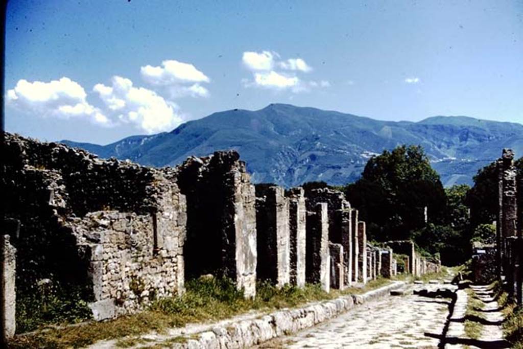 I.4.12 on left, looking south along east side of Via Stabiana, Pompeii. 1961. Photo by Stanley A. Jashemski.
Source: The Wilhelmina and Stanley A. Jashemski archive in the University of Maryland Library, Special Collections (See collection page) and made available under the Creative Commons Attribution-Non Commercial License v.4. See Licence and use details.
J61f0324