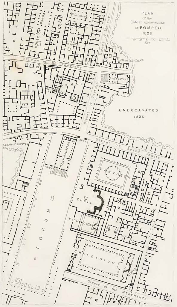 Via degli Augustali. 1832. Plan by Gell entitled “Plan of the latest excavations at Pompeii, 1826”.
According to Gell –
“The original name for the Via degli Augustali would have been Strada dei frutti secchi (Street of dried fruits).
This was named after an inscription on a shop showing that dried fruits were sold in it.”
See Gell, W, 1832. Pompeiana: Vol 1. London: Jennings and Chaplin, pl. 2 and p. 38-39.