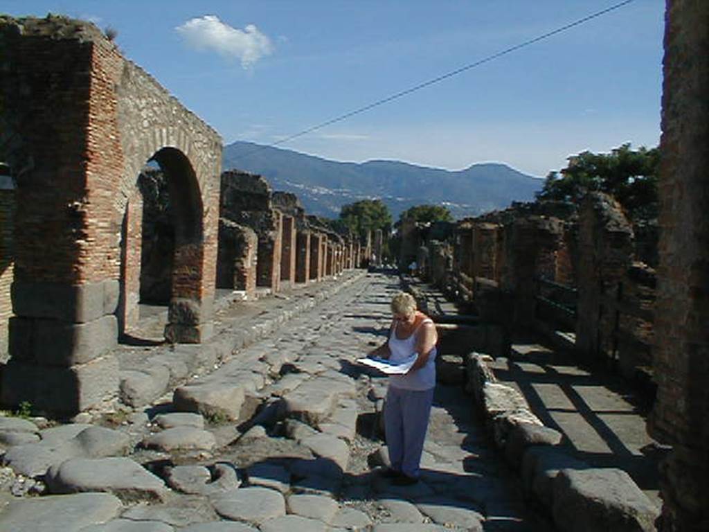 Via Stabiana between IX.2 and VII.1. September 2004. Looking south from crossroads with Via degli Augustali (on right) and unnamed vicolo (on left).
.