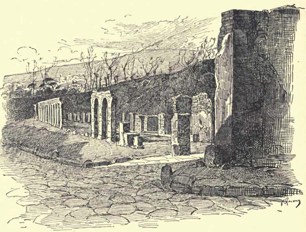 Via dei Sepolcri, east side. Drawing, c.1899, of street and colonnade.
See Gusman P., 1900. Pompeii: The City, Its Life & Art. London: Heinemann, p. 224.