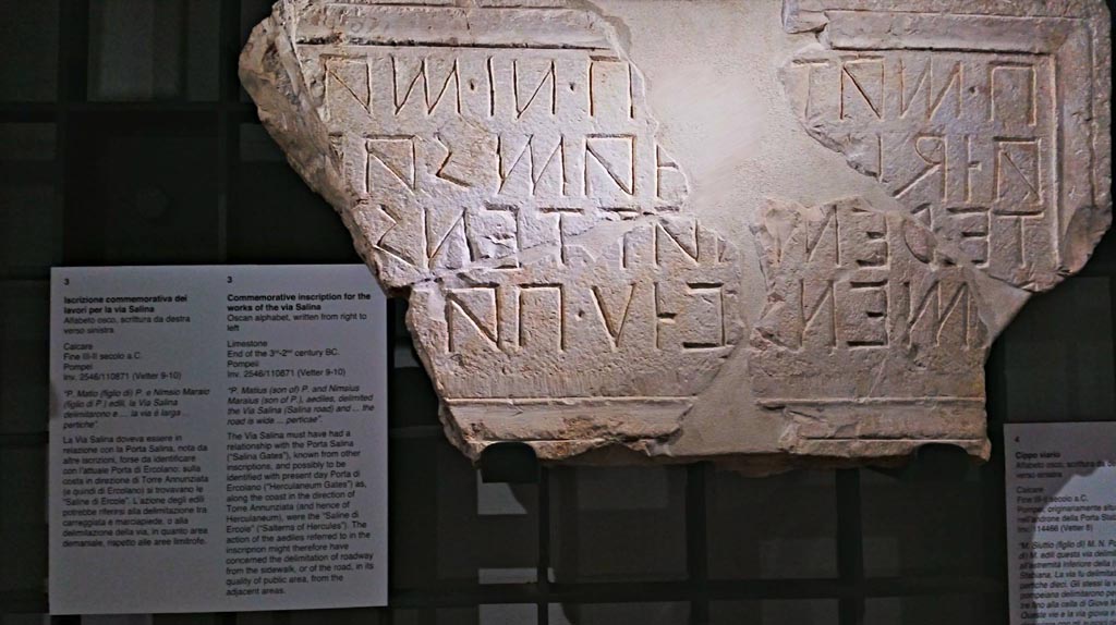 Via dei Sepolcri, (?), Pompeii. 
Limestone commemorative inscription for the works of the Via Salina, written in Oscan from right to left. End of the 3rd-2nd century BC.
Now in Naples Archaeological Museum, inv. 2546/110671 (Vetter 9-10)._
According to the information card – it reads –
“P. Matius (son of) P. and Nimsius Maraius (son of P.), aediles, delimited the Via Salina (Salina road) and …… the road is wide …….perticae.”
Photo courtesy of Giuseppe Ciaramella, June 2017.
(Note: the word “perticae” is a Roman rod measuring 10 feet.)

