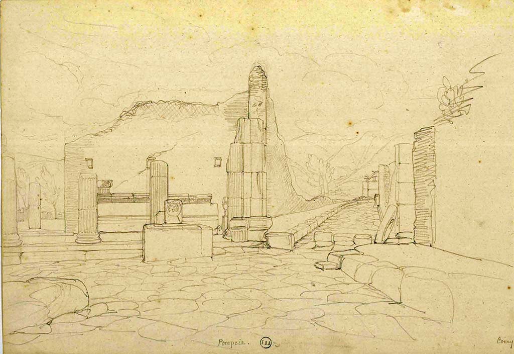 Via dei Teatri. 1823? Sketch by Lesueur, looking south towards Triangular Forum with continuation of Via dei Teatri on right.
See Lesueur, Jean-Baptiste Ciceron. Voyage en Italie de Jean-Baptiste Ciceron Lesueur (1794-1883), pl. 72.
See Book on INHA reference INHA NUM PC 15469 (04) « Licence Ouverte / Open Licence » Etalab