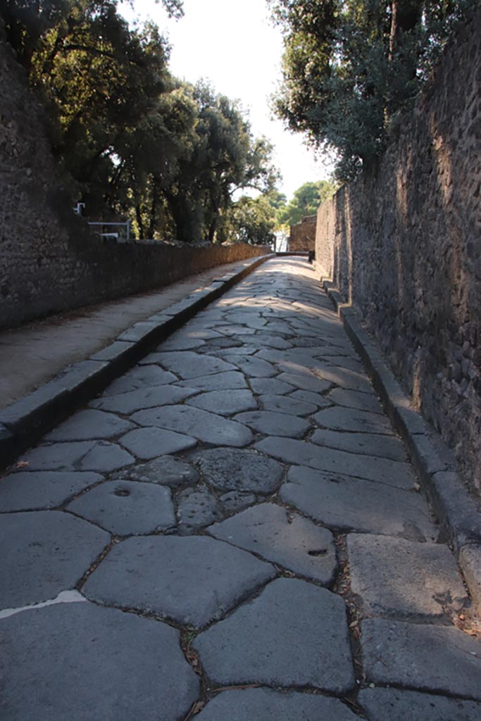 Via dei Teatri between VIII.7 and VIII.6. October 2022.
Looking south. Photo courtesy of Klaus Heese.