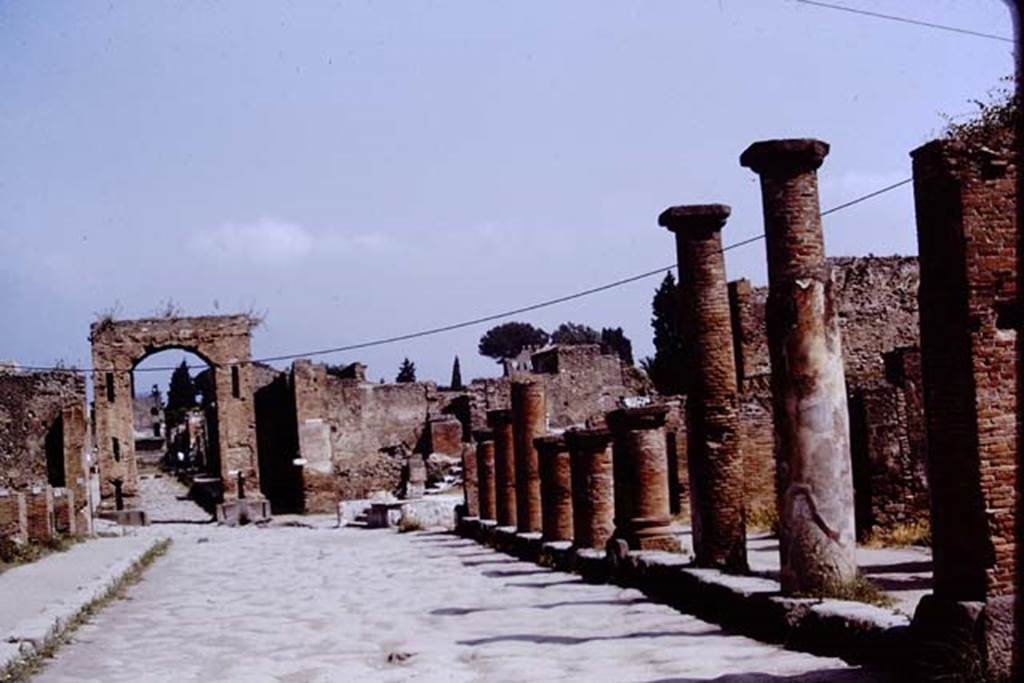 Via del Foro, Pompeii. 1972. Looking north to junction with Via Mercurio. Photo by Stanley A. Jashemski.
Source: The Wilhelmina and Stanley A. Jashemski archive in the University of Maryland Library, Special Collections (See collection page) and made available under the Creative Commons Attribution-Non Commercial License v.4. See Licence and use details. J72f0113