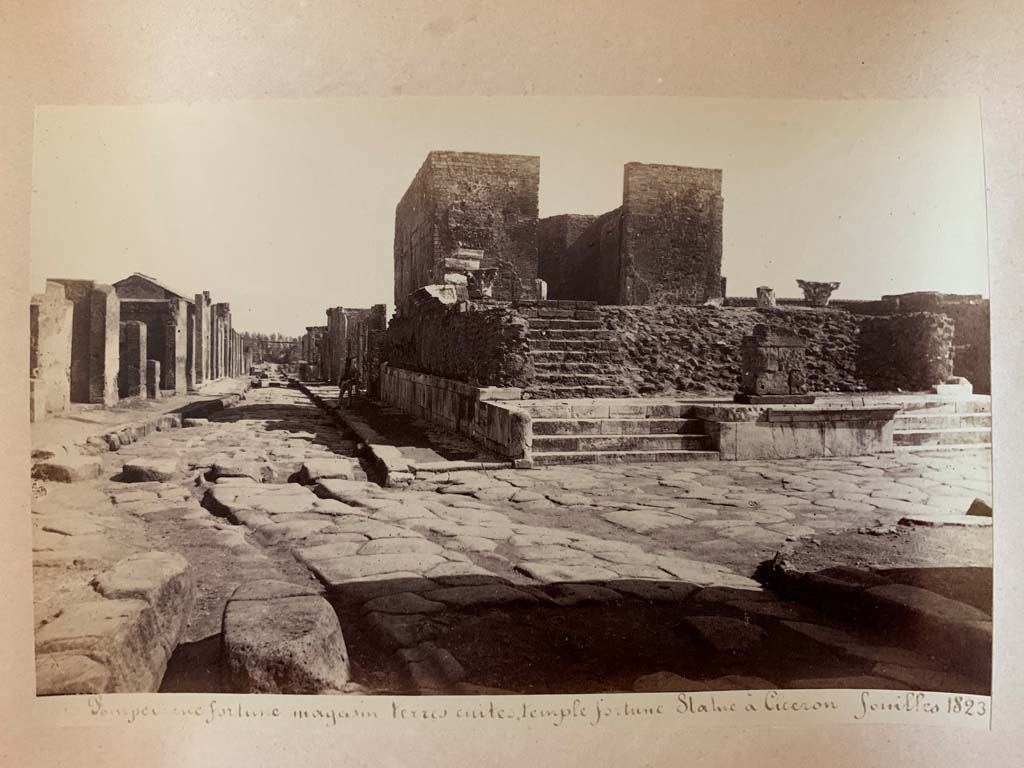 Via del Foro, on right, with Temple of Fortuna Augusta at its junction with Via della Fortuna. Looking east.
Photograph by M. Amodio, from an album dated April 1878. Photo courtesy of Rick Bauer.