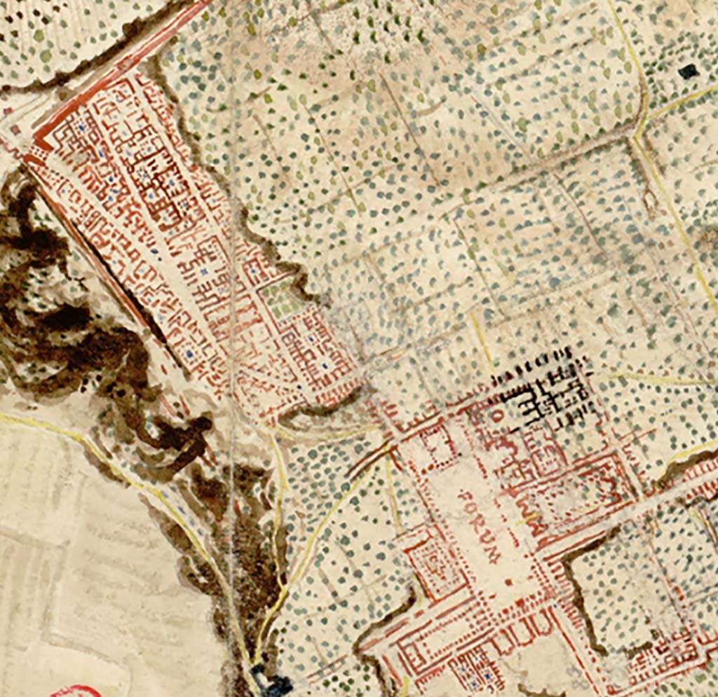 Enlargement of plan of Forum area, c.1810, drawn by W. Gell.
On this plan, on the north-west side of the Forum, the roadway of Vicolo delle Terme is more clearly shown as well as the excavated buildings along the north and east side of VII.6, as well as the buildings on the south side of Vicolo dei Soprastanti (VII.5.14-17) 
See Gell W & Gandy, J.P: Pompeii published 1819 [Dessins publi�s dans l'ouvrage de Sir William Gell et John P. Gandy, Pompeiana: the topography, edifices and ornaments of Pompei, 1817-1819], pl. 81.
See book in Biblioth�que de l'Institut National d'Histoire de l'Art [France], collections Jacques Doucet Gell Dessins 1817-1819
Use Etalab Open Licence ou Etalab Licence Ouverte
See Dessales, H. (2019). Recueils de William Gell � Pompei, publi�e et in�dite, 1801-1829. Paris: Hermann, p.158-159, (pl.81) & (p.210).

(These have also been entered in to VII.6.14/15).

