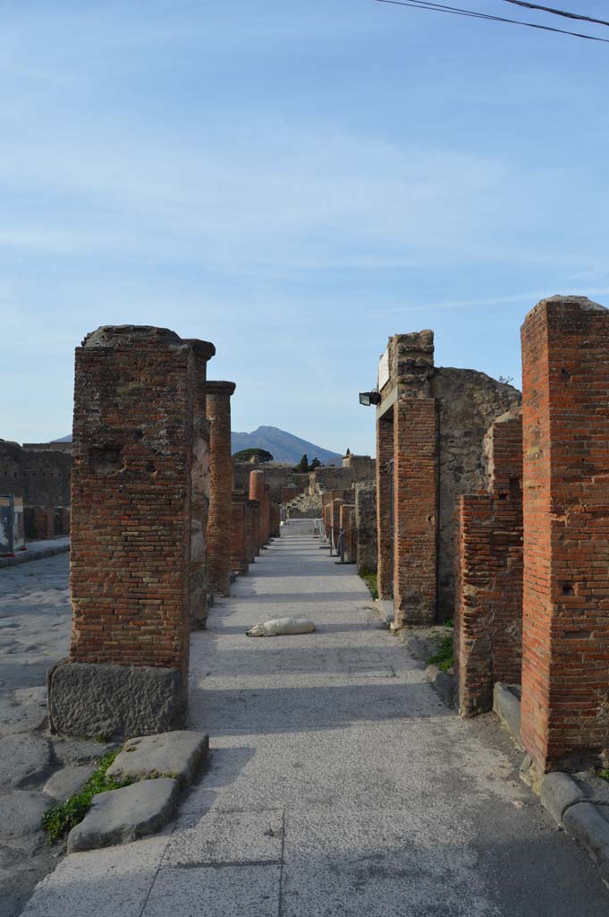 Via del Foro, east side, Pompeii. March 2019.
Looking north along pavement underneath portico, from pilaster/column at south end.
Foto Taylor Lauritsen, ERC Grant 681269 DÉCOR.