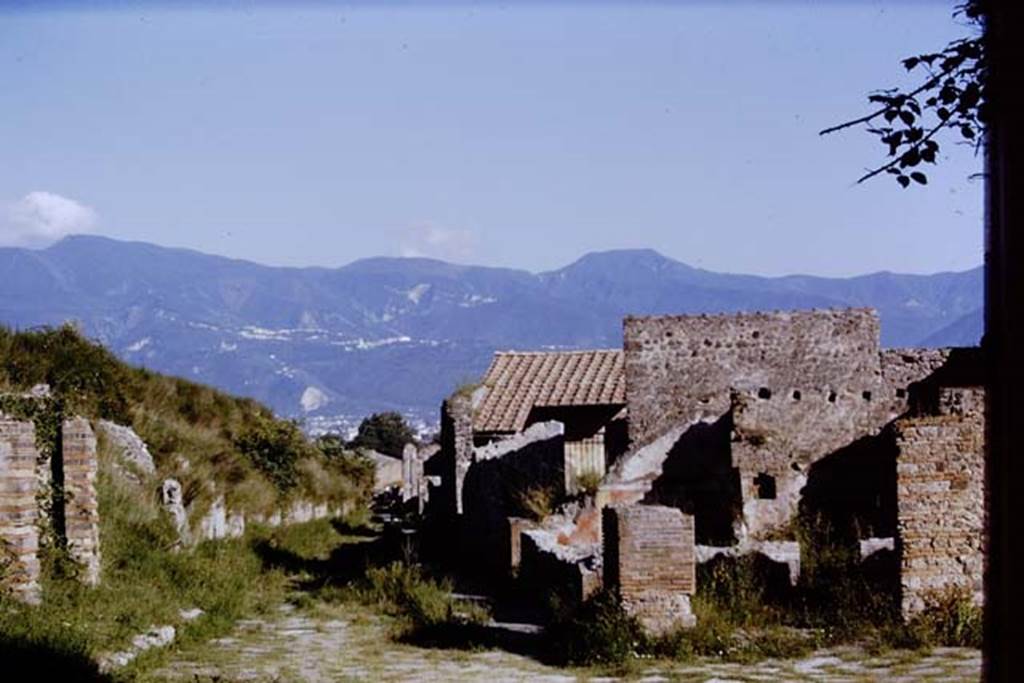Via del Vesuvio (Via Stabiana) between V.6 and VI.16. Pompeii, 1968. Looking south from near water tower. Photo by Stanley A. Jashemski.
Source: The Wilhelmina and Stanley A. Jashemski archive in the University of Maryland Library, Special Collections (See collection page) and made available under the Creative Commons Attribution-Non Commercial License v.4. See Licence and use details.
J68f0072