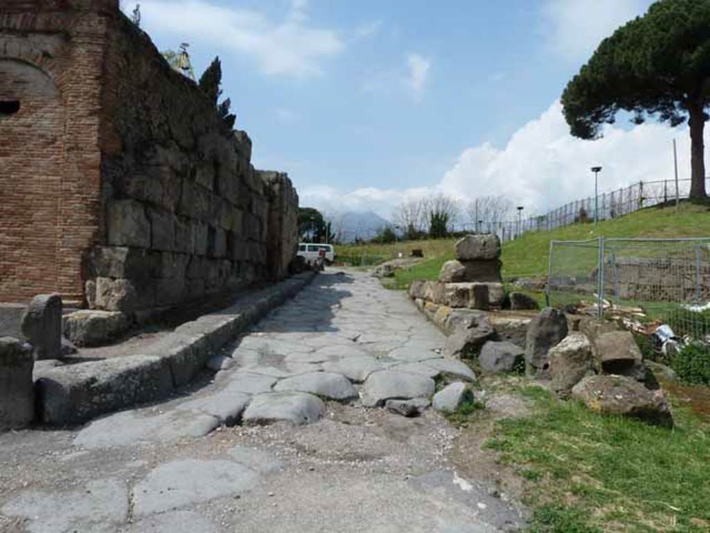 Via del Vesuvio, west side, May 2010. Looking north past the water tower to the remains of the Vesuvius Gate.