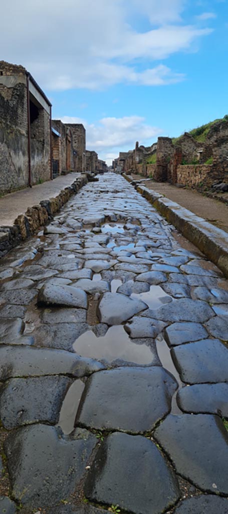 Via dell’Abbondanza, Pompeii. April 2022.
Looking west between II.4 and III.7. Photo courtesy of Giuseppe Ciaramella.