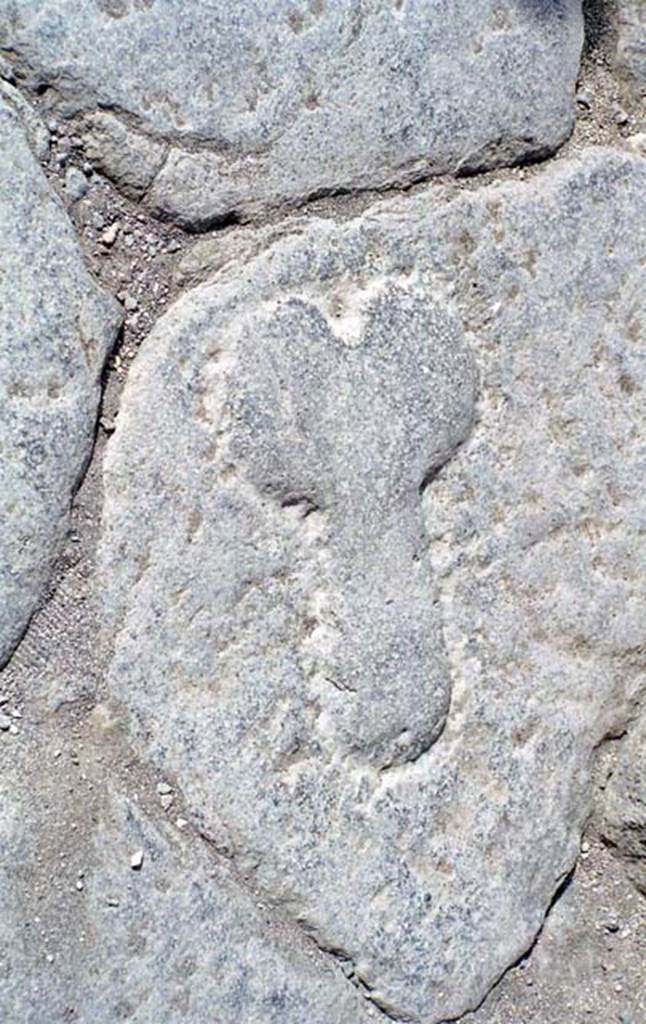 VII.13.3 Pompeii. October 2001. Phallic sign carved in roadway of Via dell’Abbondanza, outside VII.13.3. Photo courtesy of Peter Woods.