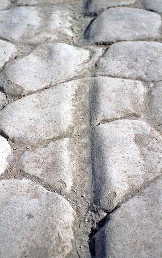 Via della Fortuna, Pompeii. October 2001. Detail of ruts in the roadway. Photo courtesy of Peter Woods.