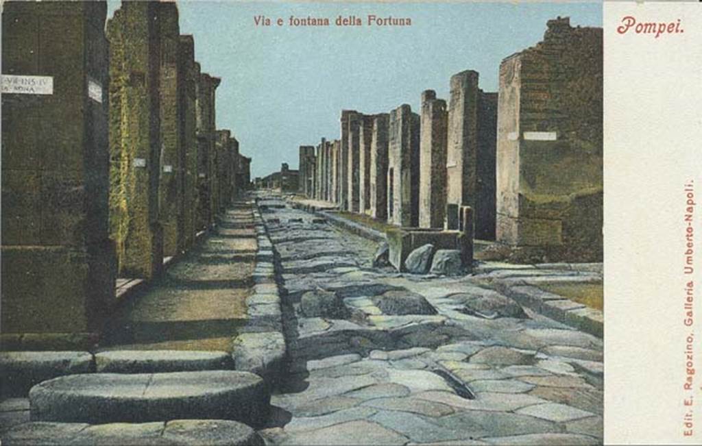 Via della Fortuna between VII.4 and VI.13. 19th century postcard. Looking west towards fountain and junction with Vicolo dei Vettii, from Vicolo Storto. Photo courtesy of Rick Bauer.