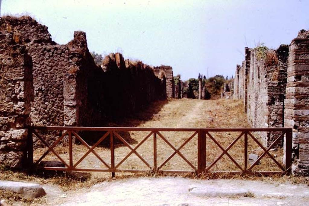 Via della Palestra, Pompeii. 1972. Looking west from Via di Nocera. Photo by Stanley A. Jashemski.
Source: The Wilhelmina and Stanley A. Jashemski archive in the University of Maryland Library, Special Collections (See collection page) and made available under the Creative Commons Attribution-Non Commercial License v.4. See Licence and use details. J72f0070