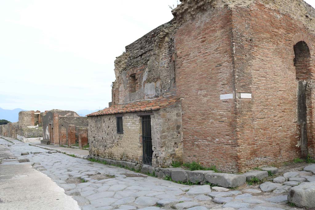 Via delle Terme, south side, Pompeii. December 2018.
Looking south-east along north side of VII.5 insula, from VII.5.8, the Women’s Baths. Photo courtesy of Aude Durand.