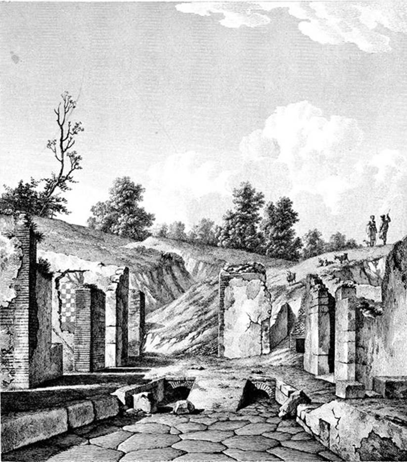 Via delle Terme between VII.6 and VI.4. About 1834. Looking west to where it joins Vicolo del Farmacista. Sketch by Mazois.