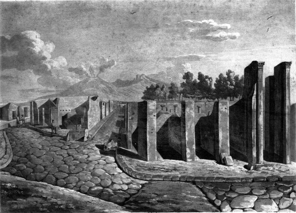 Via delle Terme, Pompeii. c.1819.
Looking north towards junction with Via Consolare, on left, and VI.6.21-23, centre right.
The entrance corridor to VI.6.1, House of Pansa, is on the right.
See Wilkins H, 1819. Suite de Vues Pittoresques des Ruines de Pompei, Rome, (p.14 et Pl. XIV).