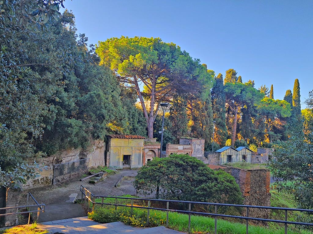 Via delle Tombe, October 2024.
Looking south, with surge layers on left, and tomb 19ES. centre left. Photo courtesy of Giuseppe Ciaramella.