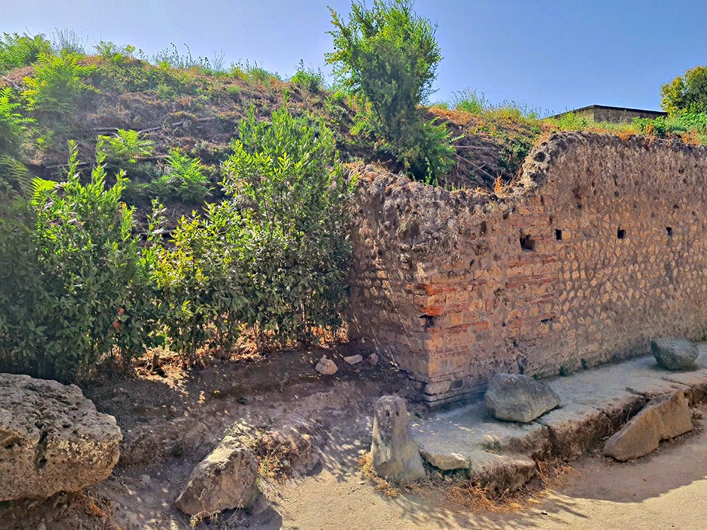 Unexcavated vicolo between I.17 and I.18 on south side of Via di Castricio. September 2024.
Looking south-west towards I.18. Photo courtesy of Giuseppe Ciaramella.