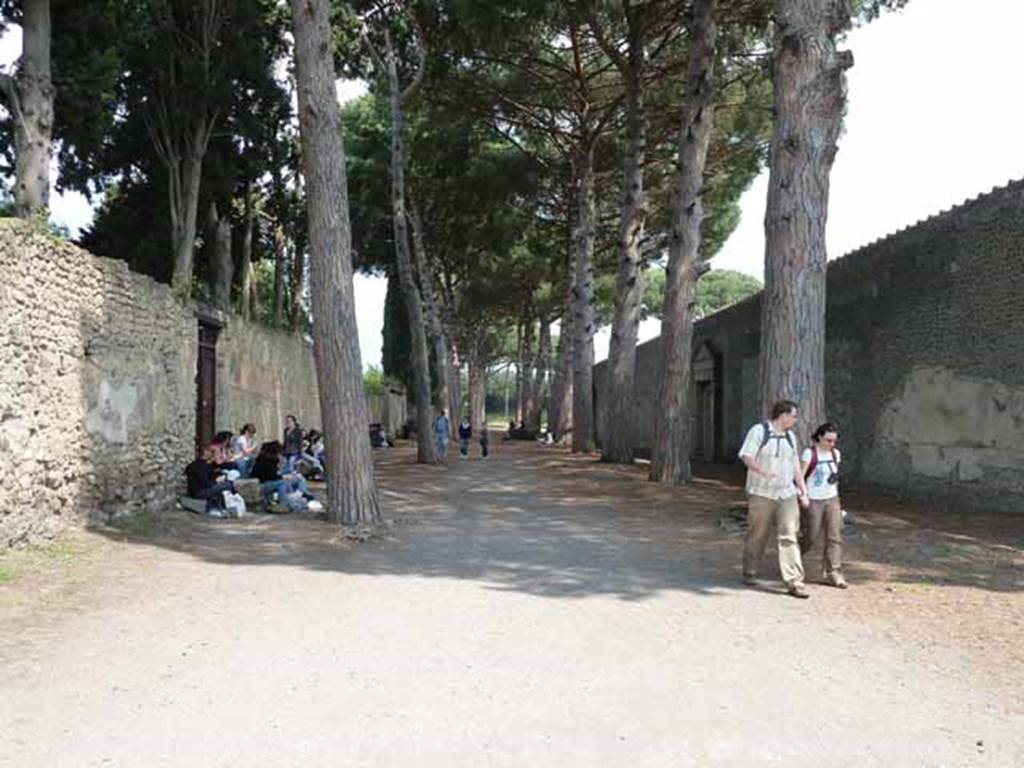 Via di Castricio, May 2010. Looking east between II.2 and II.7. Along the north wall of the Palestra, on the right in this picture, many graffiti (not now visible) were found. See Varone, A. and Stefani, G., 2009. Titulorum Pictorum Pompeianorum, Rome: L’erma di Bretschneider. (p. 222-4).