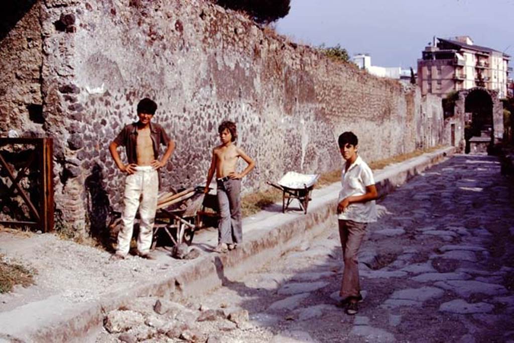 Via di Nocera, east side, Pompeii, 1973. Looking south from near II.8.6. Photo by Stanley A. Jashemski.
Source: The Wilhelmina and Stanley A. Jashemski archive in the University of Maryland Library, Special Collections (See collection page) and made available under the Creative Commons Attribution-Non Commercial License v.4. See Licence and use details. J73f0208